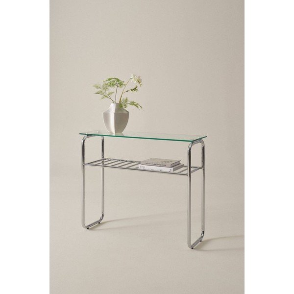 Stranska mizica s stekleno mizno ploščo v sijajno srebrni barvi 32x100 cm Walle – Jotex-image-1