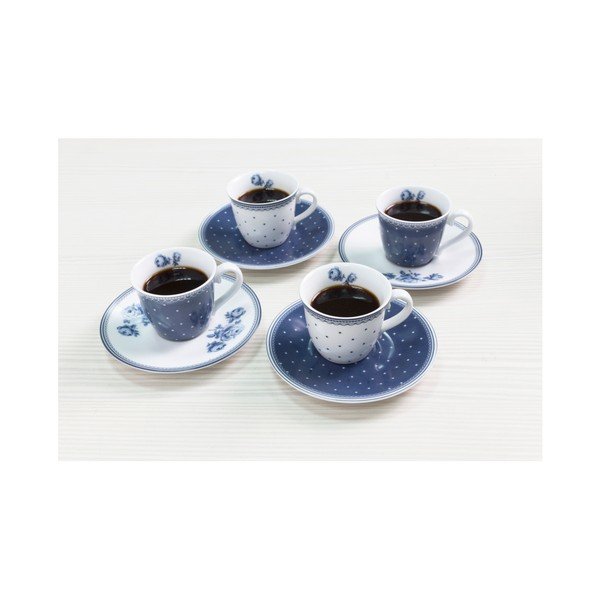 Komplet 4 porcelanskih vrčkov za espresso s podstavki Creative Tops Vintage Indigo-image-3