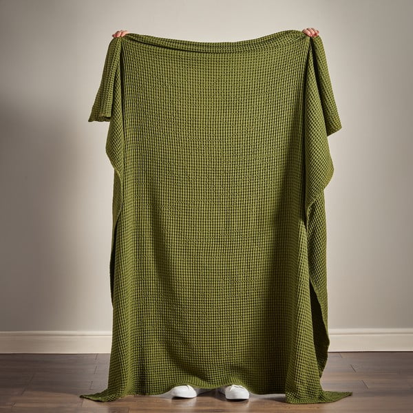 Zelena bombažna odeja 150x200 cm Jaipur Chunky Waffle – Pineapple Elephant-image-2