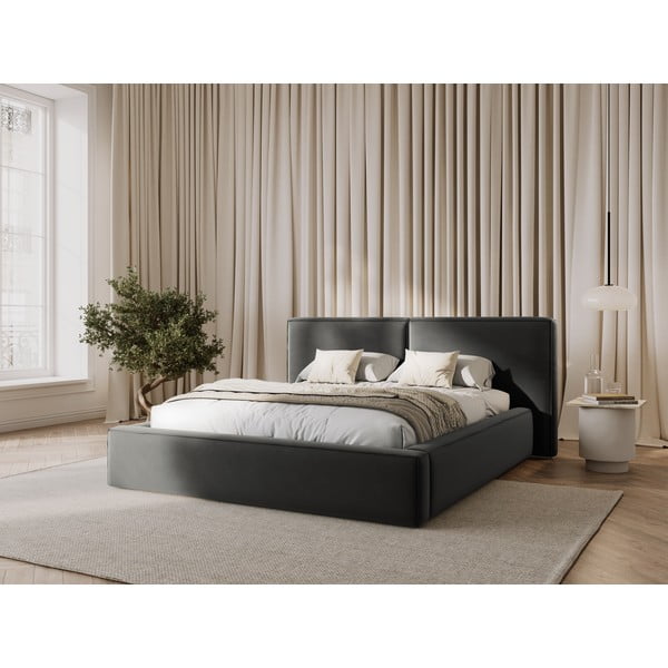 Siva žametna oblazinjena zakonska postelja s prostorom za shranjevanje in z letvenim dnom 180x200 cm Arendal – Cosmopolitan Design-image-1