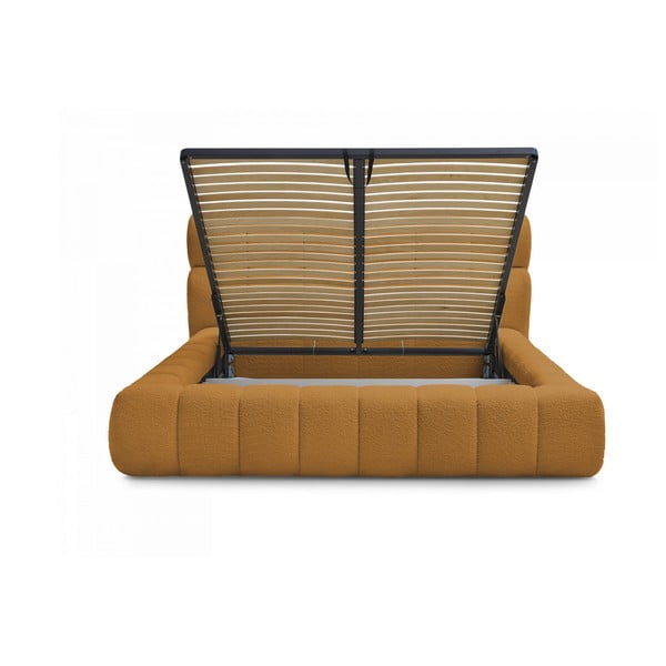 Gorčično rumena oblazinjena zakonska postelja s prostorom za shranjevanje z letvenim dnom 160x200 cm Mont Blanc – Bobochic Paris-image-3