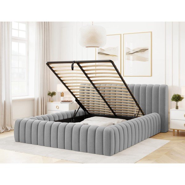 Svetlo siva oblazinjena zakonska postelja s prostorom za shranjevanje in z letvenim dnom 140x200 cm Carilla – ELTAP-image-2