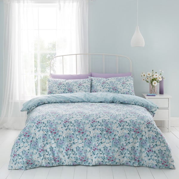 Modra posteljnina za zakonsko posteljo 200x200 cm Daisy  Medow Floral – Catherine Lansfield