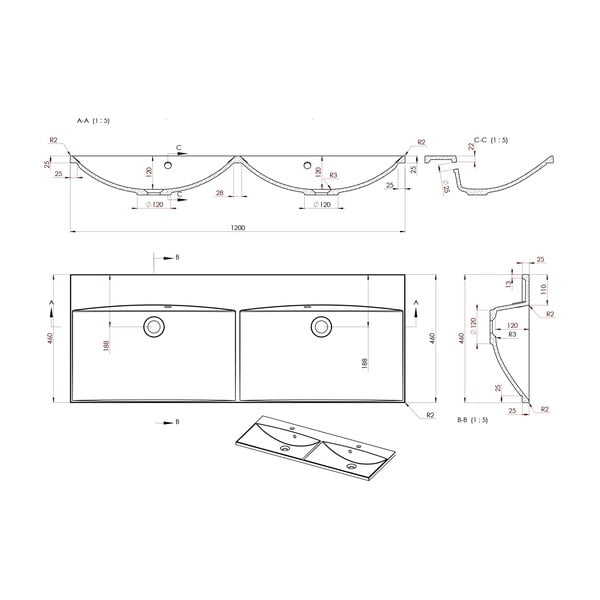 Bel dvojni umivalnik iz mineralnega kompozita 120x46 cm Maria – Sapho-image-1