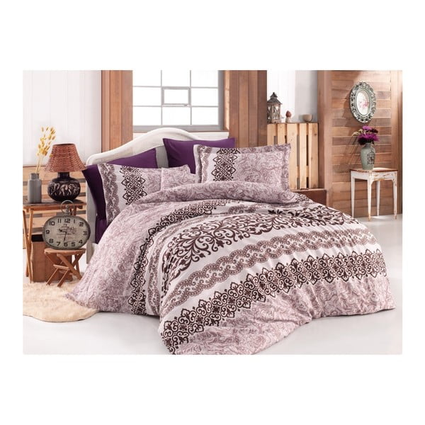 Bombažno satenasto posteljno perilo z rjuho za zakonsko posteljo Luna Lilac, 200 x 220 cm