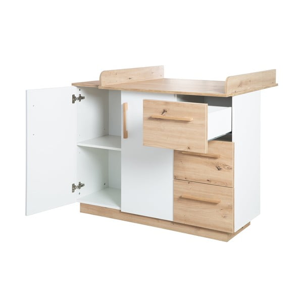 Bela/naravna otroška komoda v hrastovem dekorju s previjalnim pultom 118x103x79 cm Lion – Roba-image-4