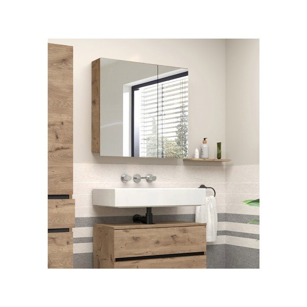 Stenska kopalniška omarica v hrastovem dekorju z ogledalom 80x70 cm Wisla – Støraa-image-4