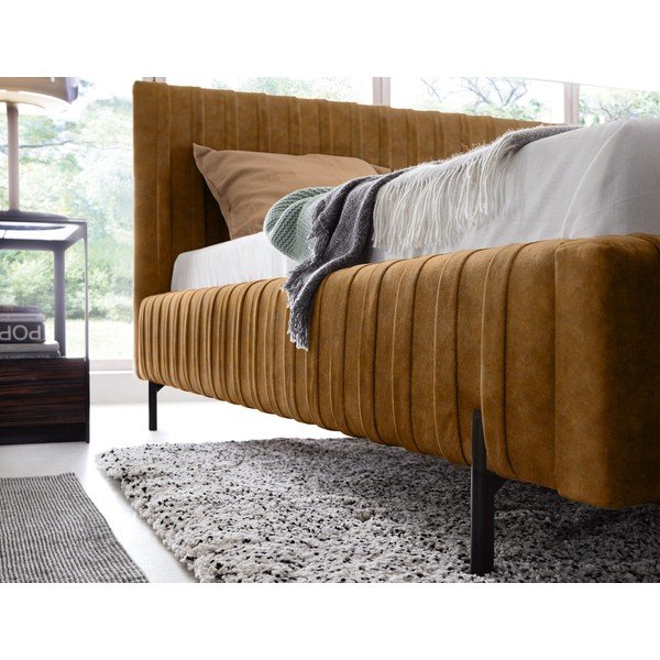 Oker rumena oblazinjena zakonska postelja s prostorom za shranjevanje in z letvenim dnom 160x200 cm Plissa – ELTAP-image-4