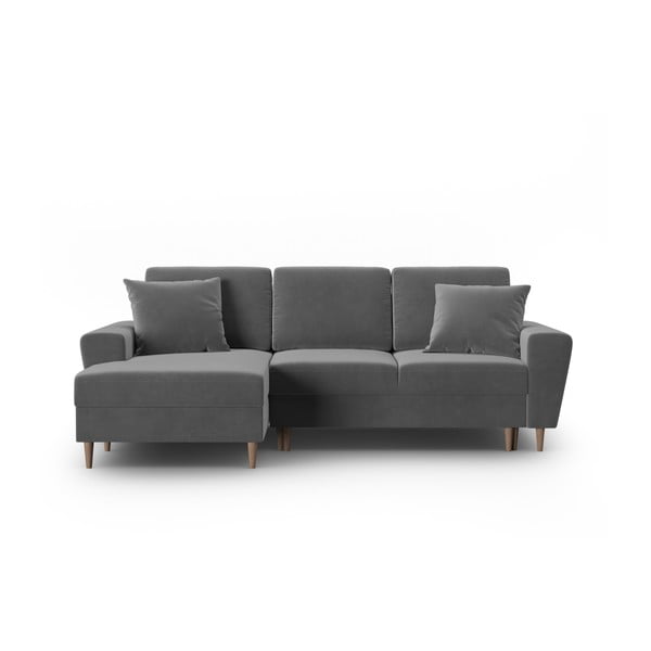 Svetlo siva žametna raztegljiva kotna sedežna garnitura s prostorom za shranjevanje (levi kot/z ležalnikom) Kyoto – Cosmopolitan Design