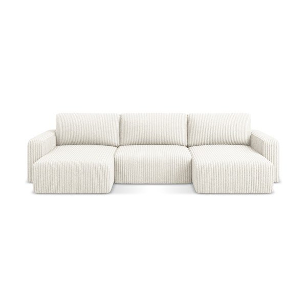 Kremno bela raztegljiva/s prostorom za shranjevanje kotna sedežna garnitura iz rebrastega žameta (v obliki črke "U") Kona – Makamii