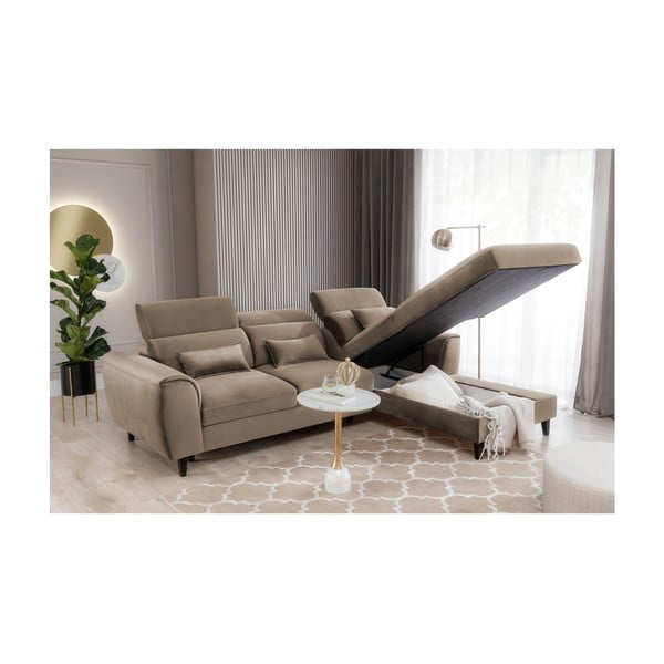 Svetlo rjava žametna raztegljiva/s prostorom za shranjevanje kotna sedežna garnitura (desni kot/z ležalnikom) Foble – ELTAP-image-4
