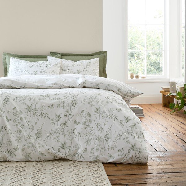 Zelena/kremno bela enojna bombažna posteljnina 135x200 cm Thea Floral – Bianca-image-1