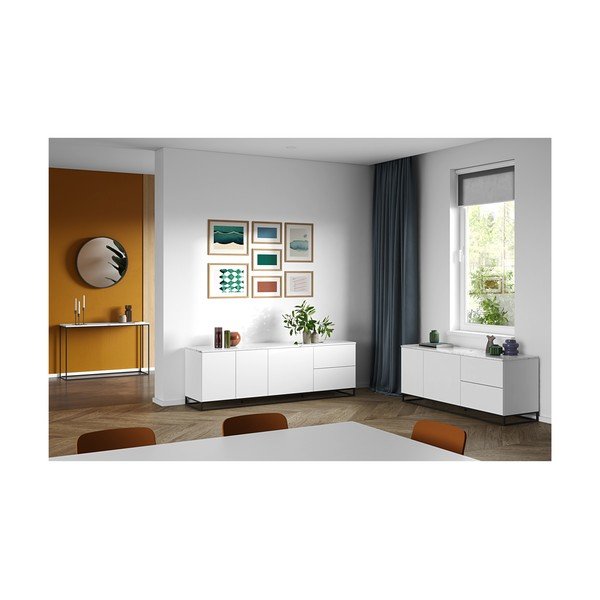 Mat bela TV mizica z belo ploščo v marmornatem dekorju TemaHome Join, 200 x 65 cm-image-1