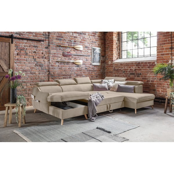 Bež žametna raztegljiva kotna sedežna garnitura (desni kot/v obliki črke "U") Sweet Harmony – Miuform-image-4