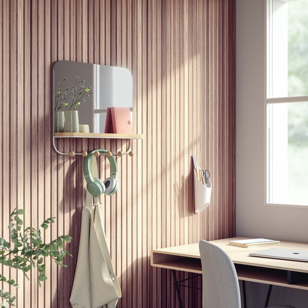 Beli stenski obešalnik iz bukovega lesa s polico Estique - Umbra-image-1