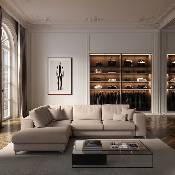 Bež žametna raztegljiva kotna sedežna garnitura s prostorom za shranjevanje (levi kot/v obliki črke L) Rene – Rodier-image-1