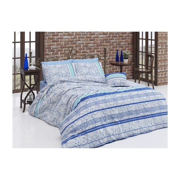 Modro bombažno posteljno perilo z rjuho za enojno posteljo Stripe, 140 x 200 cm