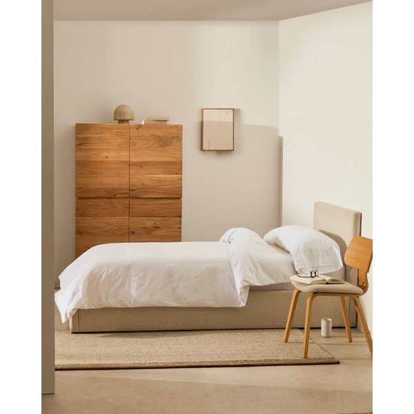 Bež oblazinjena postelja s prostorom za shranjevanje z letvenim dnom 90x200 cm Nahiri – Kave Home-image-1