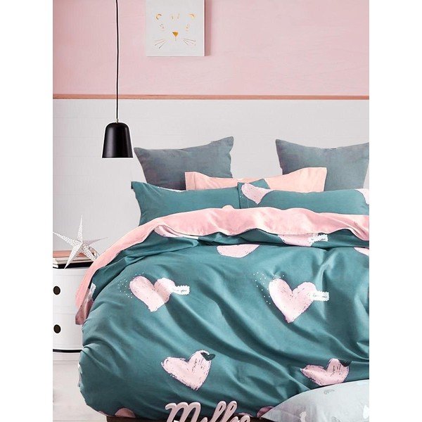 Zelena/rožnata 4-delna podaljšana posteljnina za zakonsko posteljo iz renforce bombaža z rjuho 200x220 cm Beloved – Mila Home