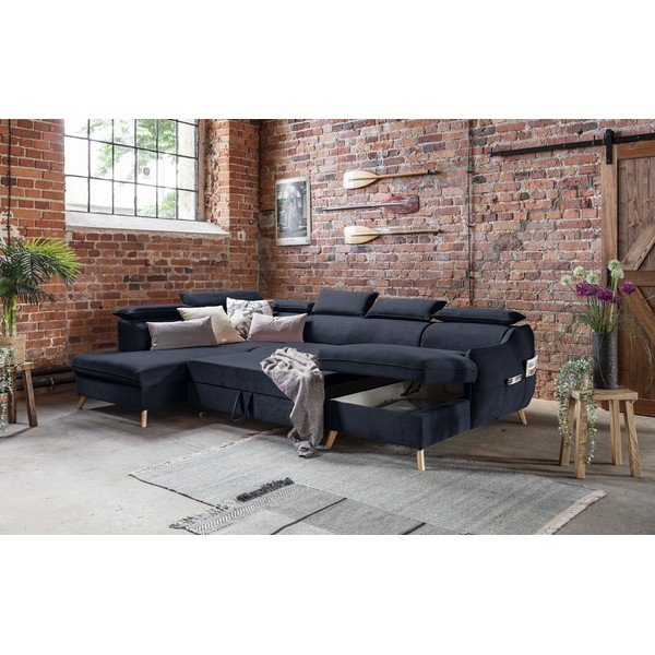 Temno modra žametna raztegljiva kotna sedežna garnitura (levi kot/v obliki črke "U") Sweet Harmony – Miuform-image-3