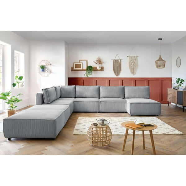 Svetlo siva kotna sedežna garnitura iz rebrastega žameta (v obliki črke "U"/s kotom po izbiri) Nihad modular – Bobochic Paris-image-1