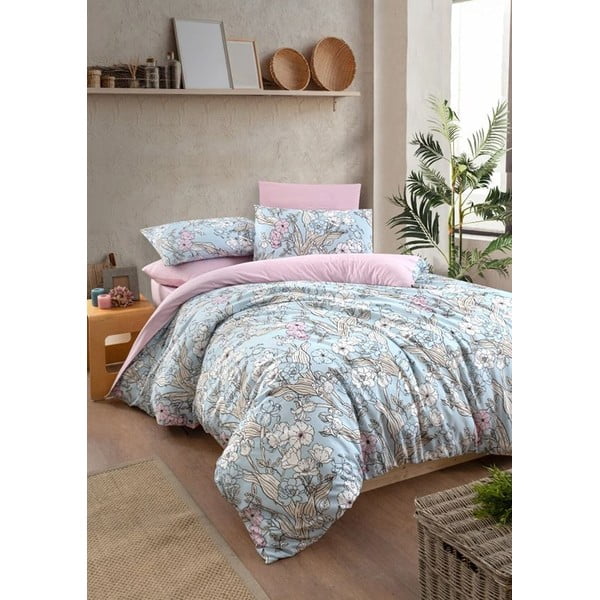 Modra/rožnata podaljšana posteljnina za zakonsko posteljo z rjuho 160x220 cm Floral – Mila Home