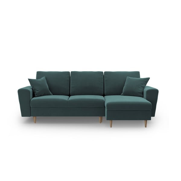 Modrozelena žametna raztegljiva kotna sedežna garnitura s prostorom za shranjevanje Kyoto – Cosmopolitan Design