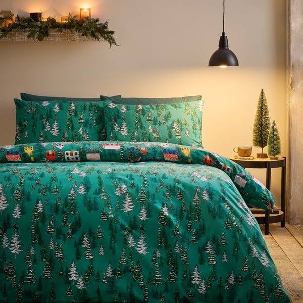 Zelena posteljnina za zakonsko posteljo 200x200 cm Festive Forest – Catherine Lansfield-image-1