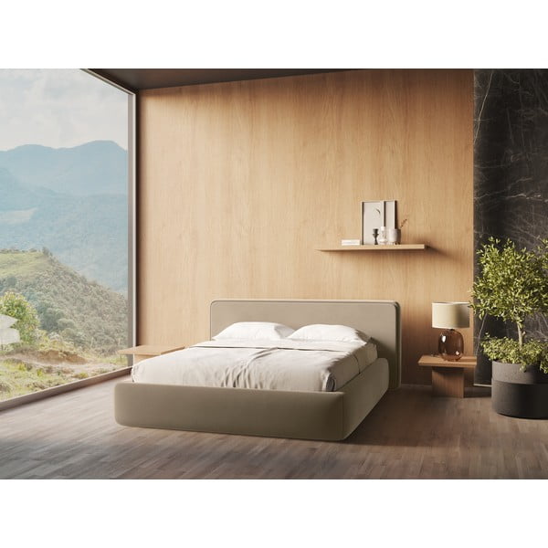 Svetlo rjava oblazinjena zakonska postelja s prostorom za shranjevanje z letvenim dnom 160x200 cm Kiana – Makamii-image-1