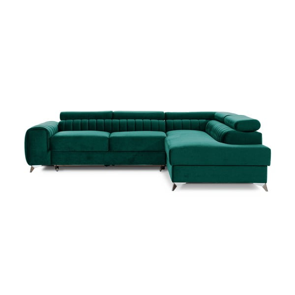 Zelena žametna raztegljiva/s prostorom za shranjevanje kotna sedežna garnitura (desni kot/v obliki črke L) Laurence – ELTAP