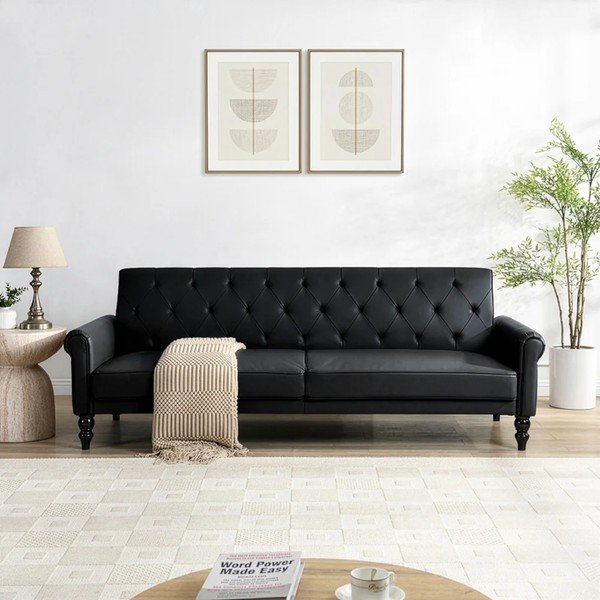 Črna nastavljiva/raztegljiva sedežna garnitura iz umetnega usnja 222 cm Tyne – Støraa-image-1