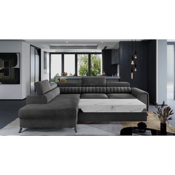 Temno siva žametna raztegljiva/s prostorom za shranjevanje kotna sedežna garnitura (levi kot/v obliki črke L) Laurence – ELTAP-image-2