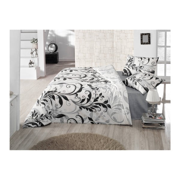 Črno-bela posteljnina za eno posteljo Floral, 160 x 220 cm