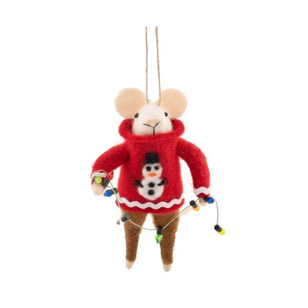 Tekstilni okrasek za jelko 6 cm Mouse in Snowman Jumper with Fairy Lights – Sass & Belle