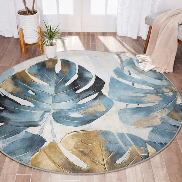 Modra pralna okrogla preproga ø 150 cm Golden Leaves – Mila Home-image-1