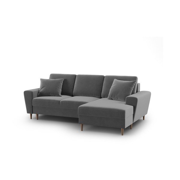 Svetlo siva žametna raztegljiva kotna sedežna garnitura s prostorom za shranjevanje (desni kot/z ležalnikom) Kyoto – Cosmopolitan Design-image-1