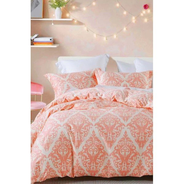 Rožnata/bež 4-delna podaljšana posteljnina za zakonsko posteljo iz renforce bombaža z rjuho 200x220 cm Damask – Mila Home