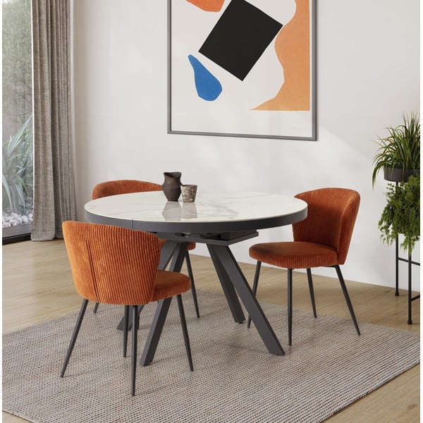 Okrogla raztegljiva jedilna miza z dodatno ploščo s keramično ploščo ø 120 cm Bela – Marckeric-image-1