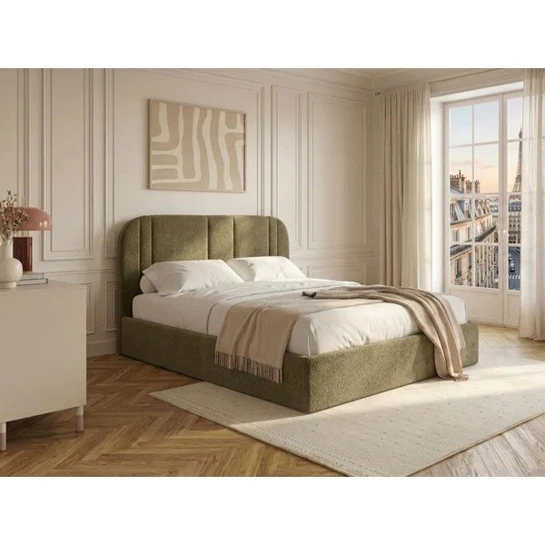 Zelena oblazinjena zakonska postelja s prostorom za shranjevanje z letvenim dnom 180x200 cm Sidney – Bobochic Paris-image-1