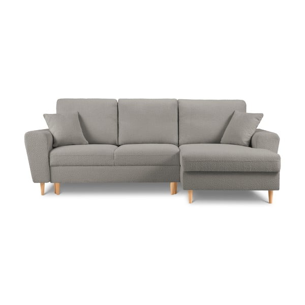 Svetlo siva raztegljiva kotna sedežna garnitura s prostorom za shranjevanje iz tkanine bouclé (desni kot/z ležalnikom) Kyoto – Cosmopolitan Design