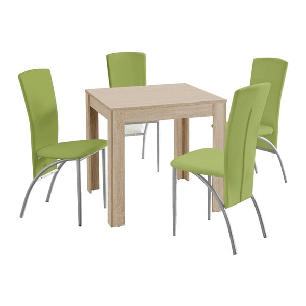 Garnitura jedilne mize in 4 zelenih jedilnih stolov Støraa Lori Nevada Duro Oak Green