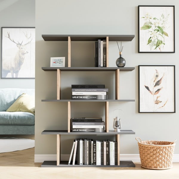 Knjižna polica v hrastovem dekorju v sivi in naravni barvi 90x127 cm Harmon - Kalune Design-image-1