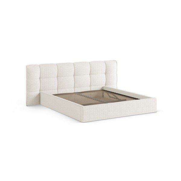 Slonokoščena oblazinjena zakonska postelja s prostorom za shranjevanje in z letvenim dnom 200x200 cm Eric – Micadoni -image-3