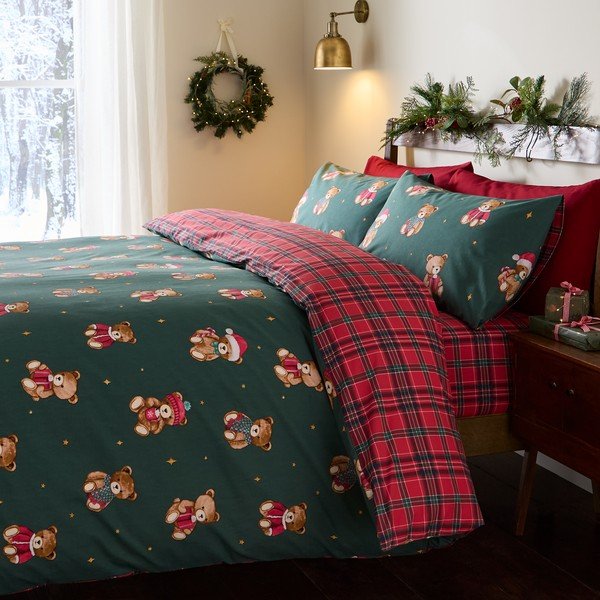 Rdeča/temno zelena enojna posteljnina 150x120 cm Christmas Tartan Teddy Bear – Catherine Lansfield