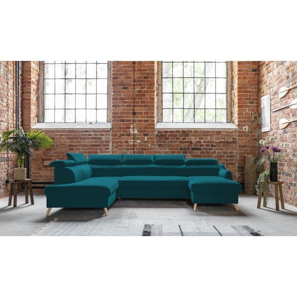 Turkizna žametna raztegljiva kotna sedežna garnitura (levi kot/v obliki črke "U") Sweet Harmony – Miuform-image-1