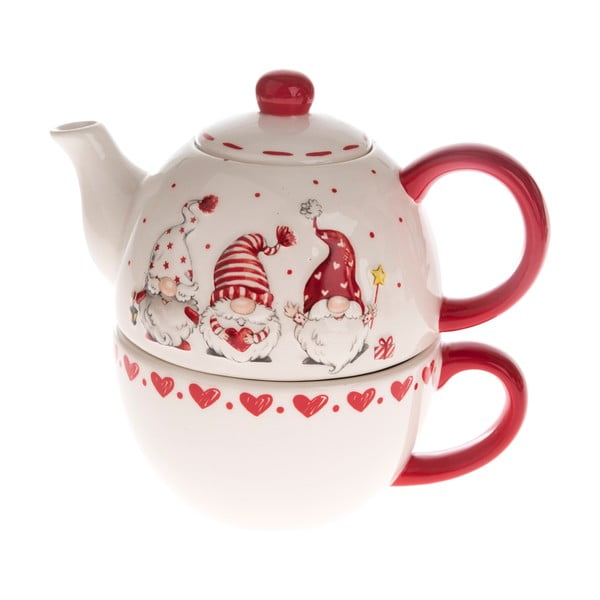 Rdeče-bel keramični čajnik z motivom škrata Dakls