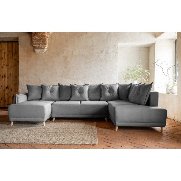 Siva raztegljiva kotna sedežna garnitura iz rebrastega žameta (desni kot/v obliki črke "U") Lazy Lukka – Miuform-image-1