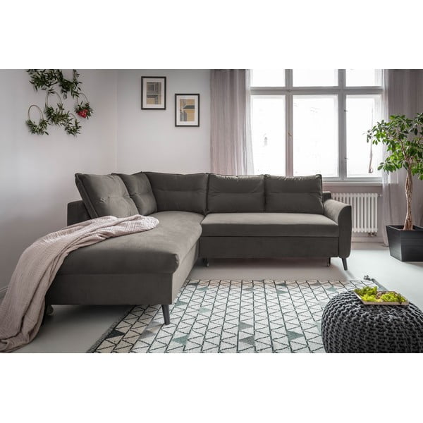 Temno siva žametna kotna raztegljiva sedežna garnitura Miuform Stylish Stan L, levi kot-image-1