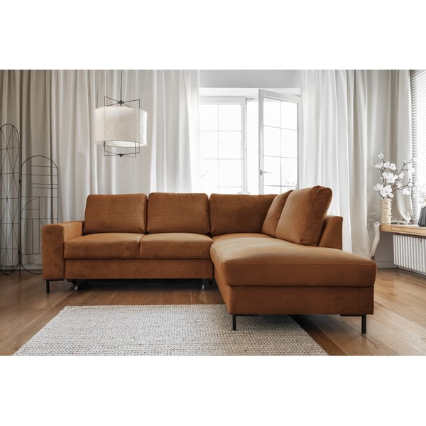 Oranžna/rjava raztegljiva kotna sedežna garnitura iz rebrastega žameta (desni kot) Lofty Lilly – Miuform-image-1