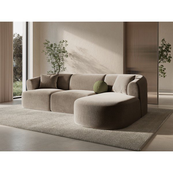 Svetlo rjava žametna kotna sedežna garnitura (desni kot/z ležalnikom) Campi – Cosmopolitan Design-image-1